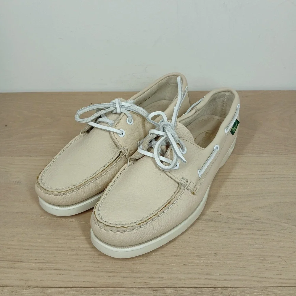 Bass Boaters Leather Boat Shoes Mens 7.5M Cream Leather Preppy Coastal Classic
